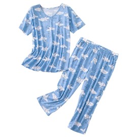 CHUNG Women Cotton Blend Pyjamas Set Short Sleeve Top Capri Pants Plus Size S-3XL Sleepwear Nighties,Capri Blue Moon,S