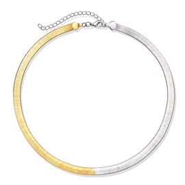 JERTOCLE Snake Chain Necklace for Women Flat Herringbone Choker Necklace 14K half gold half silver Flat Snake Chain Choker Necklaces Dainty Chain Choker Necklaces Jewelry Gift