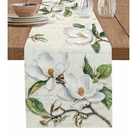 Green Plants Magnolia Flowers Table Runner Cotton Linen Table Runners 72 inches Long, Decorative Dresser Scarf for Kitchen Dining Table, Spring Table Decorations for Home,Parties,and Outdoor Events