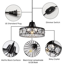 KAERDI Plug in Crystal Pendant Light Black Industria Metal Chandelier Swag Light with 15Ft Cord and On/Off Switch Modern Light Fixture Hanging Lamp for Kitchen Island Dining Room Bedroom,D11.42…