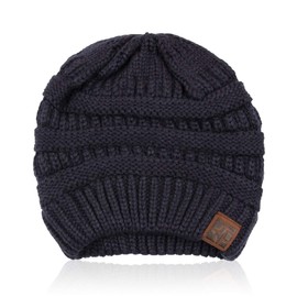Gorro de punto clásico – Suéter suave y elástico para invierno, sólido acanalado, puño plegable de leopardo, pompón desmontable, Plain - Navy, 9"L x 9.5" W x 21" C - 8" L x 9" Width, 19" C