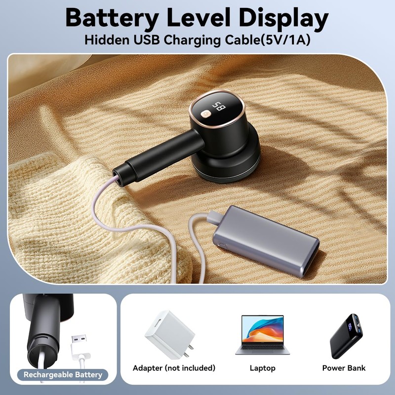 Rechargeable Fabric Shaver, 6-Leaf Blades, LED Display, 3 Speeds