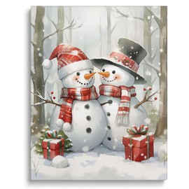Christmas Canvas Vintage Snowman Poster Gifts in Winter Forest Oil Painting Pictures Prints Nature Artwork for Home Office Living Room Dorm Wall Indoor Xmas Decor (8x10inch, Framed)