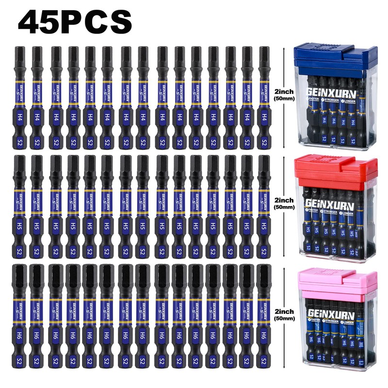 Geinxurn Impact Hex Screwdriver Bits Set,45 Pcs 2" Magnetic Metric(4