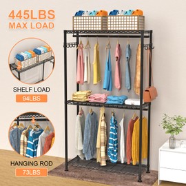 VyGrow Clothes Rack, Clothing Racks for Hanging Clothes, 3 Tiers Adjustable Garment Rack with Wheels | Double Rods | Side Hooks | Heavy Duty | Load 445lbs | 35.43" L x 15.7" W x 78.34" H | Black