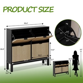 GarveeHome Shoe Storage Cabinet with 4 Flip Drawers, Farmhouse Fluted Shoe Organizer with Metal Legs, Freestanding Hidden Slim Narrow Shoe Rack for Entryway, Foyer, Hallway