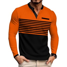 QOSOQ Mens T-Shirts Long Sleeve Button Casual Stylish Basic Tees Work Striped Shirts Henley Summer Lightweight Stretch Top Orange