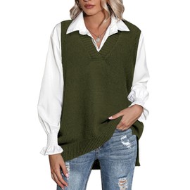 Zeagoo Sweater Vest Women Sleeveless V Neck Oversized Pullover Knitted Tops 2024 Fall Outfits Army Green