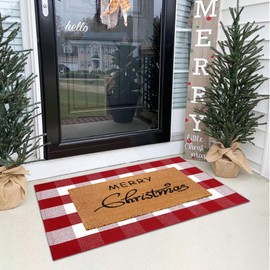Christmas Door Mat Combo Set - 100% Coco Coir Welcome Mat + 28 x 43 Inch Red and White Plaid Rug, Christmas New Year Holiday Collection Doormat for Front Porch Entryway Decorative