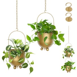 Boho Outdoor/Indoor Hanging Planter, Set of 2 Metal Plant Hanger with Hooks and Chains For Modern Wall & Ceiling, Window Mid Century Flower Pot Plant Holder Home Décor (Gold)