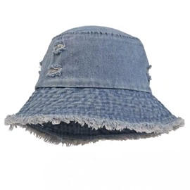 Distressed Denim Bucket Hats Frayed Jean Ripped Hole Fringe Edge Sun Beach Women (A-Light Blue)