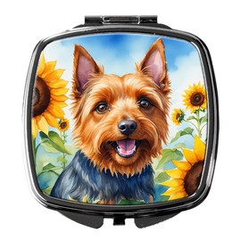 Caroline's Treasures Australian Terrier in Sunflowers Compact Mirror Decorative Travel Makeup Mirror for Women Girls Gifts Pocket Makeup Mirror Folding Handheld