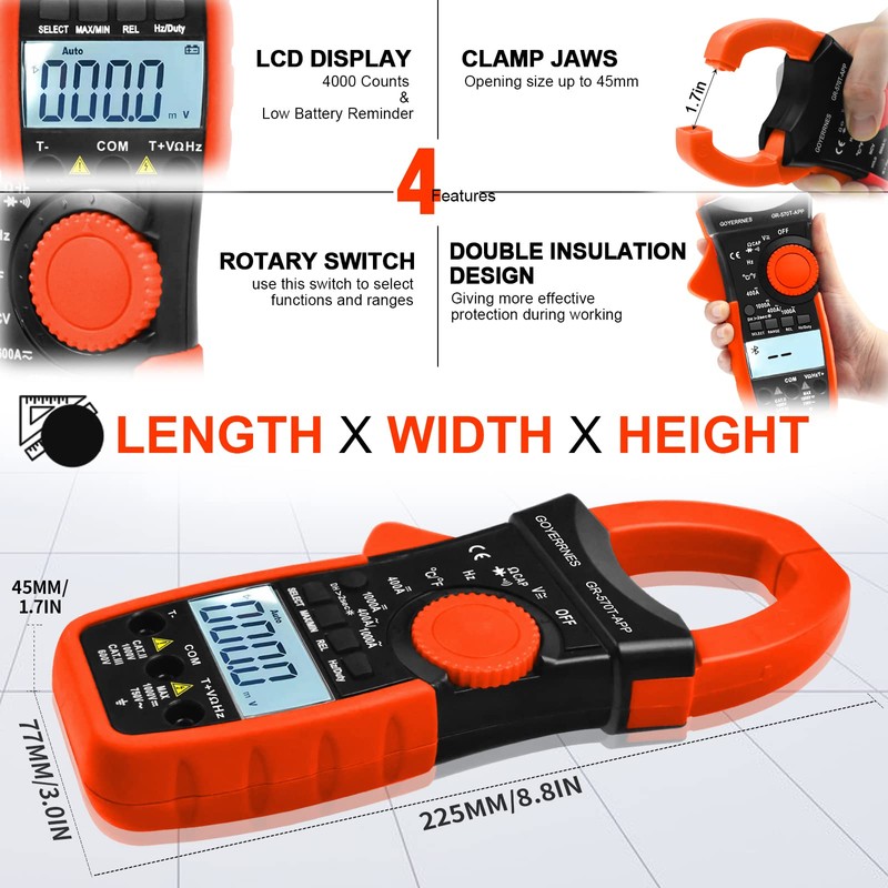Digital Clamp Meter, TRMS 4000 Counts AC DC Amp Meter,GR-570T-APP