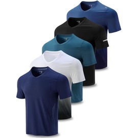 5 Pack Mens V-Neck Dry Fit T-Shirts, Active Athletic Short Sleeve Workout Tops, Performance Gym Tees (Set 7, X-Large)