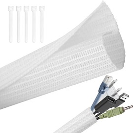 HOLIHIFI Cable Storage Sleeve, Braided Cable Cover, Diameter 0.5 inch (13 mm), Cord Cover, DIY Cut, Expandable Inner Diameter, Wire Management, Insulation, Dustproof, For Household and Office (White,