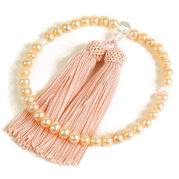 Nenjudo Women's Freshwater Pearl (Pink Orange) with Crystal [With Prayer Bag ] Pure Silk Tassel (100% Silk), Can Be Used in All Sect Buddhism, Handmade Prayer Beads Made in Japan [Long-established