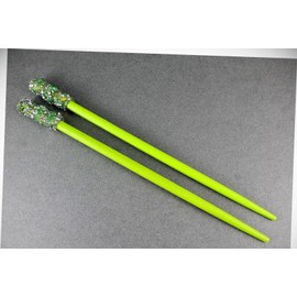Perfect Hairstyle with Our Hair Accessories - Green Crystal Wood Set 2 Hair Chop Sticks Accessory Picks Pins 7 1/8" Long Fashionable Hair Accessory Hair Jewelry Accessories for Lady Women