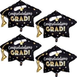 4 Pcs Graduation Cap Balloons, Black Gold Graduation Hat Balloon for 2026 Black and Gold Graduation Party Decorations