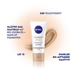 NIVEA BB 5-In-1 Day Cream, 24-Hour Moisture, BB Cream For Light Skin Types with SPF 15, Tinted Day Cream with Organic Jojoba Oil & Makeup Pigments, 50 ml