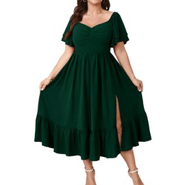 SCOMCHIC Womens Plus Size Wedding Guest Cocktail Dresses Sweetheart Neckline Short Sleeve Smocked Ruffle Slit Maxi Dress Emerald Green