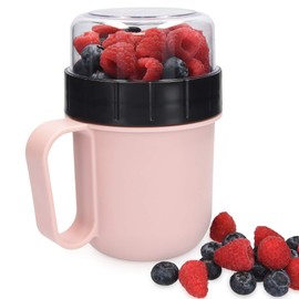 Navaris Breakfast to Go Cup - Portable 2-Piece Food Container Pot for Cereal, Yogurt, Oatmeal - Microwave and Dishwasher-Safe, BPA-Free - Pastel Pink