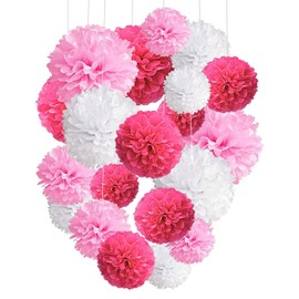 Capesaro Pink Light Pink White Pompoms Decoration Pack of 12 Paper Flowers, Decorative Pink Light Pink White Tissue Paper Pom Poms, Party Decoration, Wedding Decoration, Hen Parties, Birthday