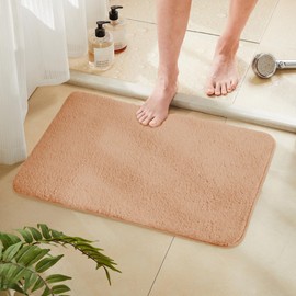 TECHMILLY Fluffy Bathroom Rug Mat 24x17, Absorbent Thick Non Slip Microfiber Mats, Quick Dry Machine Washable Bath Rug for Bathroom Floor, Bathtub and Shower, Beige