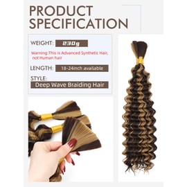 20 Inch Deep Wave Braiding Hair 230g(1Pack-3Bundles) Water Wave Braiding Hair For Bohemian Knotless Boho Braids Wet and Wave, Bulk Braiding Hair For Micro Braids Curly Deep Bulk
