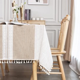 SUNBEAUTY Table Cloth Rectangular Beige 140x200 Cotton Linen Tablecloths With Tassel Wipe Clean for Kitchen Dining Table Cover Decoration - 55x78 inch