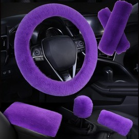 SPANICE Leapord - Juego de 6 fundas para volante de lana sintética esponjosa y funda para freno de mano suave y funda para palanca de cambios y 2 almohadillas para orejas para cinturón de seguridad y funda para consola central, ajuste universal cálido (m