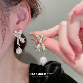 VICAKER Women's Earrings, Sparkling, Fashion, Pearl, Bowknot Earrings, Popular, Hypoallergenic, Silver Copper Cubic Zirconia