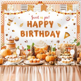MEHOFOND 7x5ft Fall Cutie Pie Birthday Backdrop Autumn Pumpkin Spice Latte Happy Birthday Banner Sweet as Pie Bday Party Decorations Thanksgiving Pumpkin Pie Bday Party Photo Booth Props