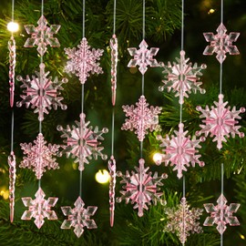CCINEE38pcs Christmas Snowflake Icicle Ornament,Pink Acrylic Icicle Snowflake Drop Pendant Crystal Hanging Ornaments with String for Christmas Tree DIY Craft Home Decoration