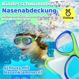 Vvinca Swimming Goggles for Kids with Nose Protection and Anti-Fog UV Protection, Leakproof for Toddlers and Children 6-14 Years in Pool Water