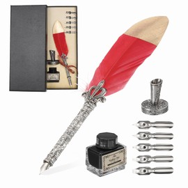 PATIKIL Feather Quill Pen Set, 1 Set Vintage Feather Calligraphy Pen Fountain Dip Pen Set with Ink, Pen Holder and Replacement Nibs for Beginner Writer Writing Gift, Red