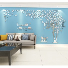 3D Tree Wall Stickers DIY Tree Bird Wall Decal Large Family Photo Frames Art Murals Tree Sticker for Living Room Bedroom Restaurant Home Decor(Silver Right,M:130 * 250cm)