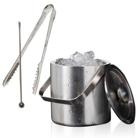 MMmall Ice Bucket, Non-Melting, Double Ice Bucket, Stainless Steel, Japanese Ice Tongs with Muddler Set (Silver, 1.4 L)