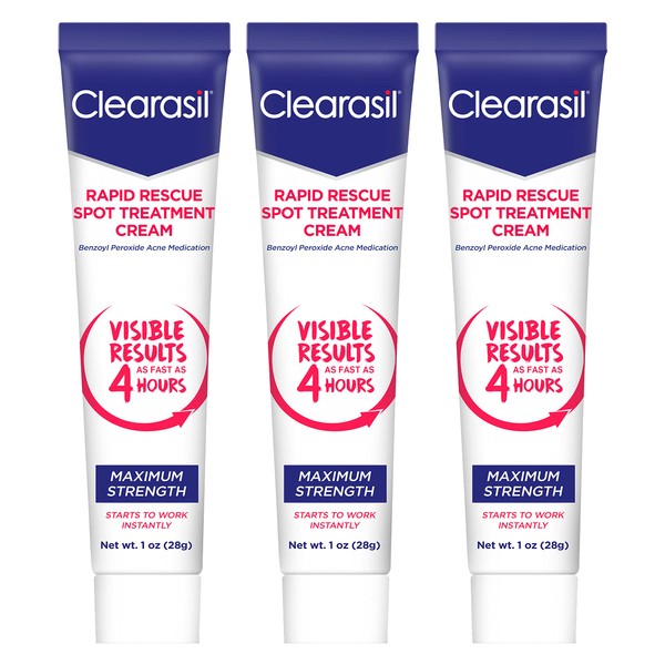 Clearasil Rapid Rescue Spot Treatment Cream with Benzoyl Peroxide Acne Medication for Acne Relief, 1 Ounce (Pack of 3)