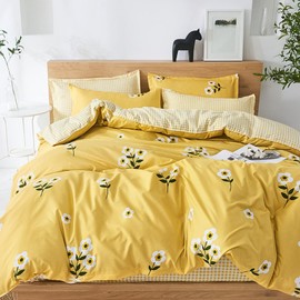 Boqingzhu Bed Linen 135 x 200 cm Gold Yellow White Floral Pattern Checked Reversible Bed Linen Set Microfibre Duvet Cover and Pillowcase 80 x 80 cm with Zip