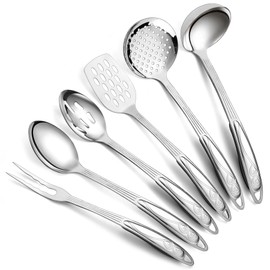 Berglander Stainless Steel Kitchen Utensils Set 6 Pcs, Cooking Utensil Sets, Kitchen Gadgets Essentials Include Metal Spatula Set, Skimmer, Ladle, Serving Spoon, Slotted Spoon, Carving Fork