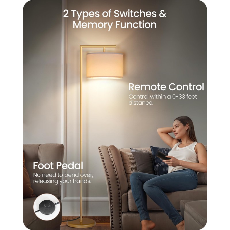 GOEBLESON Gold Dimmable Floor Lamp, Modern Arc Lamp with Remote,