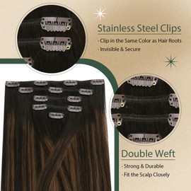 Ugeat Real Hair Clips 30 cm Clip-In Extensions Real Hair Balayage Darkest Brown with Medium Brown 2/6/2 50 g Hair Wefts Real Hair Clips 5 Pieces