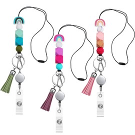 Epakh 3 Sets Silicone Beaded Lanyards for ID Badges and Keys, Boho Neck Lanyard Necklaces with Retractable Badge Reel Holders, Tassel Keychain Strap Lanyard for Women Girls Teacher Students Nurses