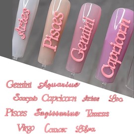 SILPECWEE 24pcs Pink Zodiac Signs Nail Charms 3D Zodiac Letters Nail Studs Rhinestones Flat Back Zodiac Nail Charm Alloy 12 Constellation Nail Jewels Decoration for Nail Art Craft