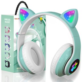 Wireless Headphones for Kids,Cat Ear LED Light Up Bluetooth Kids Headphones with Microphone for School/Travel/Sports/Gaming/Gifts/Christmas (Green)