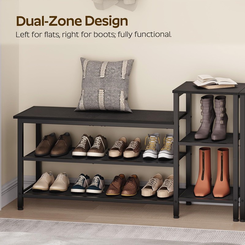 YATINEY 3-Tier Shoe Rack Bench, Wooden Shoe Storage Bench, Industrial