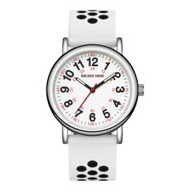 GOLDEN HOUR Waterproof Nurse Watch for Medical Professionals, Students Women Men - Military Time Luminouse Easy Read Dial, 24 Hour with Second Hand, Colorful Silicone Breathable Silicone Band in White