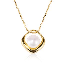IDOKAWA 7-8MM Freshwater Pearl Pendant 17 Inches Sterling Silver 18K Plated Gold Necklace for Women-Square
