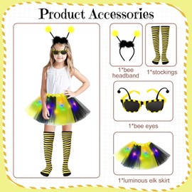 Aitsite Bees Children's Animal Costume, Tulle Skirt with Fairy Lights, Carnival, Animal Costume, Jungle Costume, Children, Girls, Tulle Skirt Set, with Hair Bands, Nose Bows, Tail, Carnival Fancy