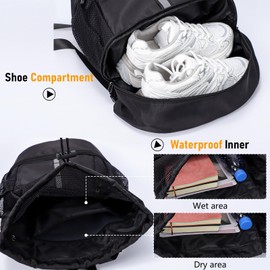 Risipu Drawstring Gym Bag for Men, Waterproof Drawstring Backpack for Women, Swim Bag with Shoes Compartmentand Reflective Strips, Pull String Sport Bag for Soccer and Basketball (Black)